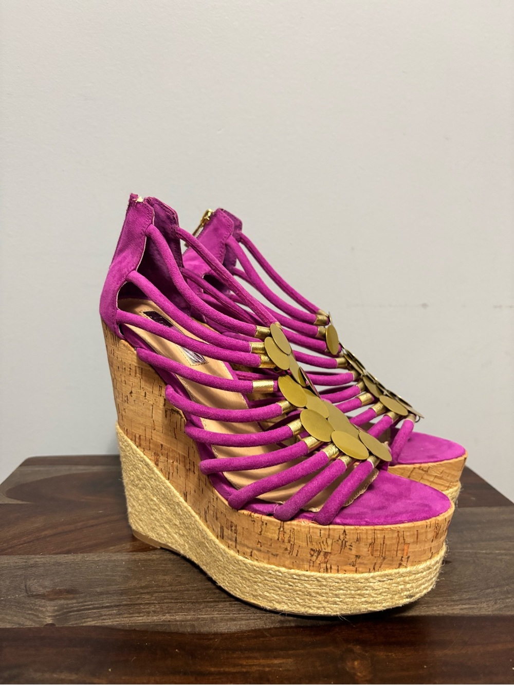 H by Halston Fuchsia Strappy Wedge Sandals with Gold Accents